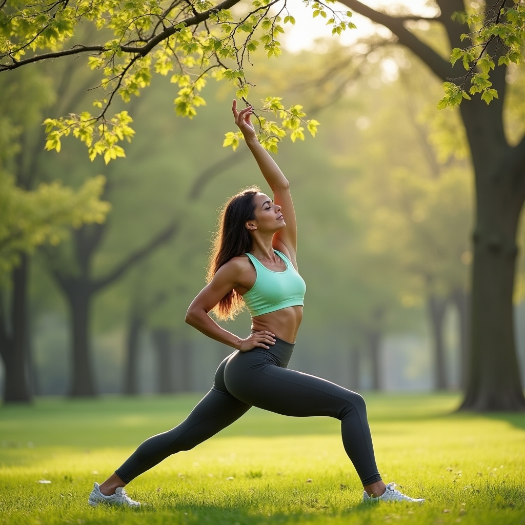 Person stretching outdoors in early spring morning light with fresh green surroundings