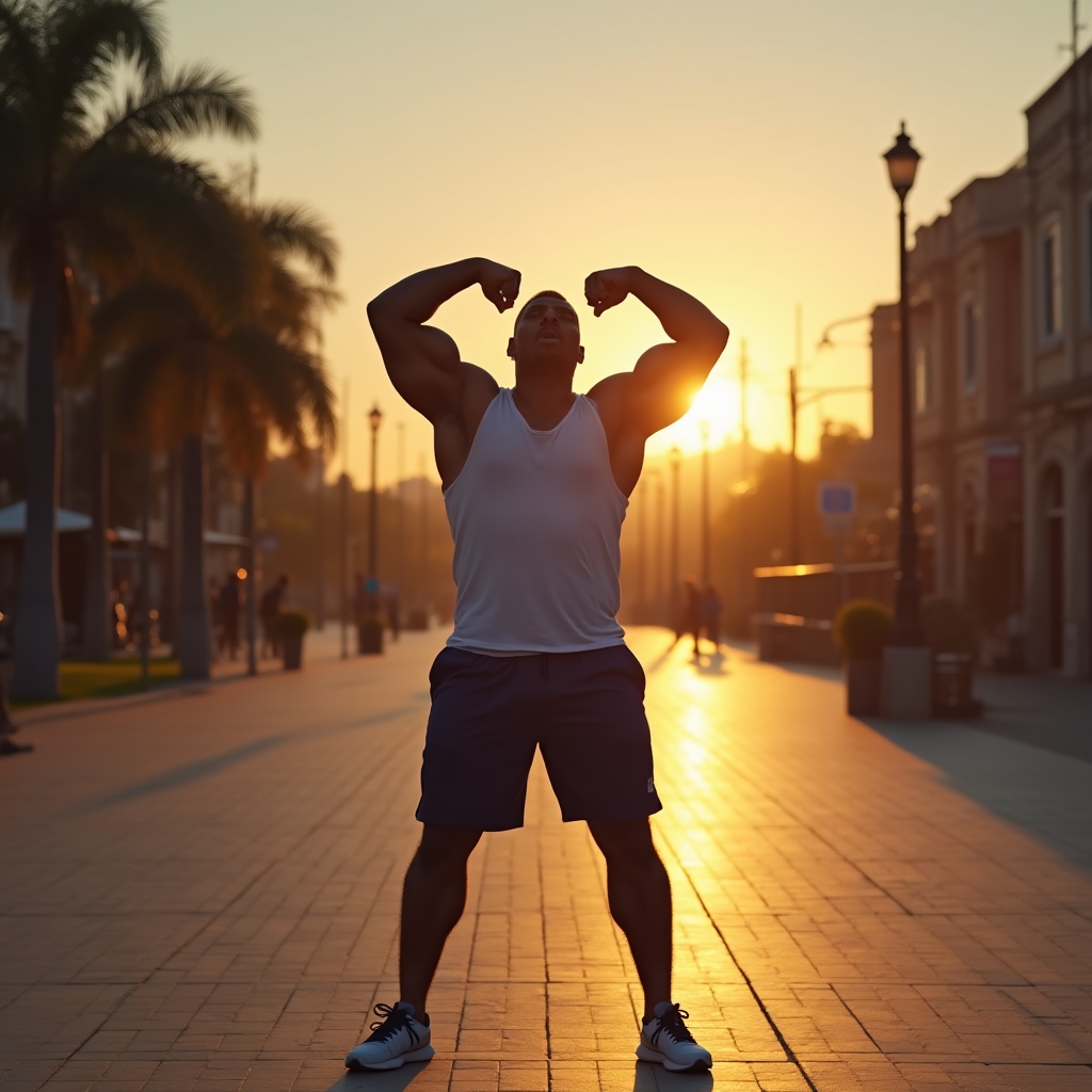 Person doing early morning exercise in summer heat with golden sunrise light casting long shadows
